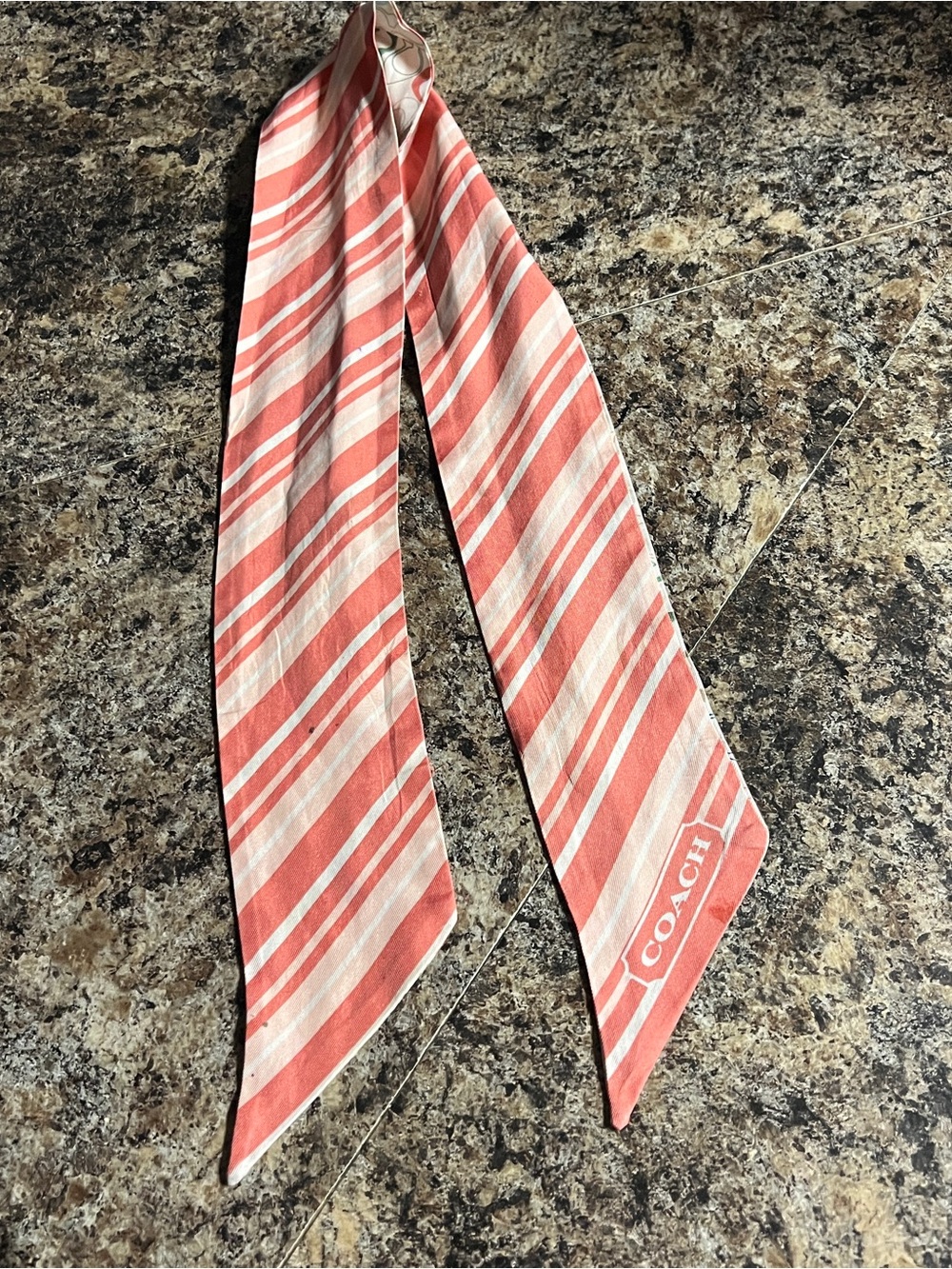 Coach Coral and Cream Striped Twilly Scarf